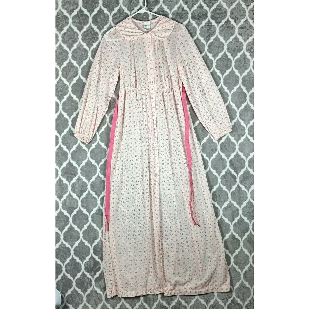 Jeri Morton Lingerie Nightgown Women Medium Pink Floral Long Sleeve Vintage 60s - Picture 5 of 14